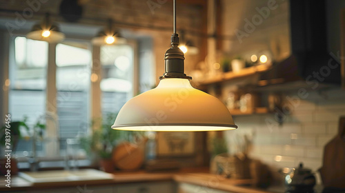 Detail shot of a vintage-inspired pendant light in a kitchen, modern interior design, scandinavian style hyperrealistic photography