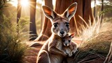 A heartwarming scene of a kangaroo mother cuddling her joey in a sunlit Australian bush setting, symbolizing maternal care.. AI Generation. AI Generation