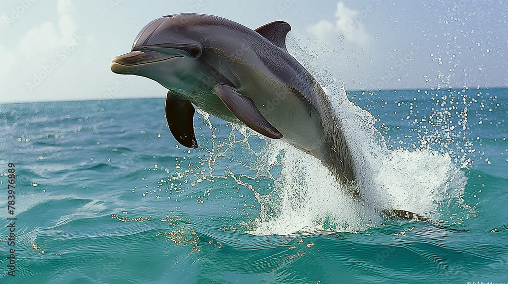 Naklejka premium Jumping Dolphin in Blue Ocean Water