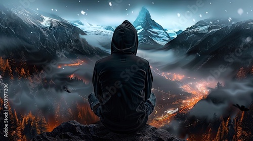 A man in a dark gray hoodie sits on a rock and looks at the mountain ahead and the burning lights of the city far below, pretentious, inspiring, beautiful