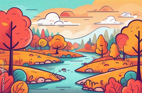 Vibrant autumn scenery illustration with rolling hills  a flowing river