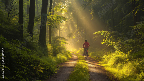 Cyclist on a Misty Forest Path, Sunlight Filtering through the Trees at Dawn © Tatiana Fl