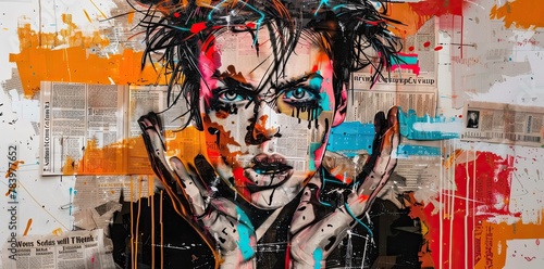 A young man with hands and eyes wide open, symbolic graffiti for seeing the truth, awareness and awakening, collage of multicolored grunge newspapers, urban graphic artwork, street art, mixed media