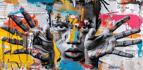 A young man with hands and eyes wide open, symbolic graffiti for seeing the truth, awareness and awakening, collage of multicolored grunge newspapers, urban graphic artwork, street art, mixed media