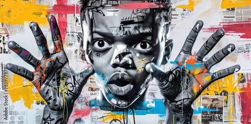 A young man with hands and eyes wide open, symbolic graffiti for seeing the truth, awareness and awakening, collage of multicolored grunge newspapers, urban graphic artwork, street art, mixed media