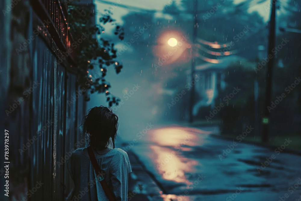 A teenage girl walks aimlessly down a neighborhood street next to a tall fence as rain falls in the early evening while a street light reflects off of the wet pavement in the distance.