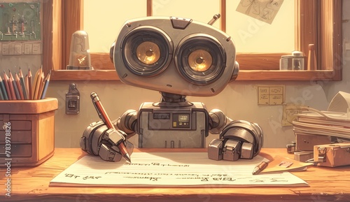 Photo of A robot writing on paper with pencils, looking at the camera. The background is a desk with an inkwell and pencil holder photo