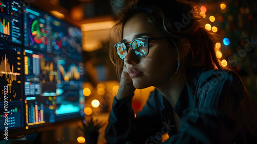 A focused woman with reflections of data charts on her glasses from multiple computer monitors in a dimly lit room