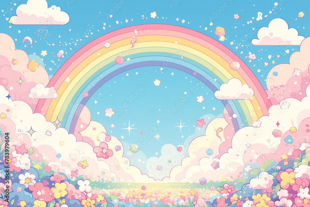 pink and blue pastel background with white clouds, stars, dreamy, cute,