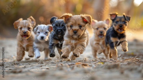 Small Dogs Running Across Dirt Field photo