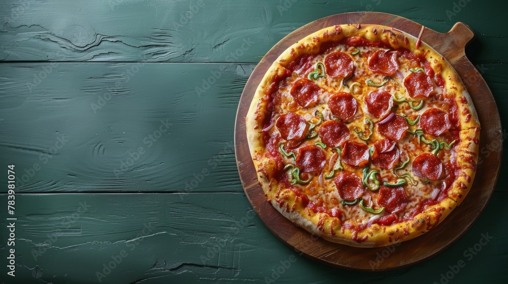 Pepperoni and Green Pepper Pizza on Wooden Board
