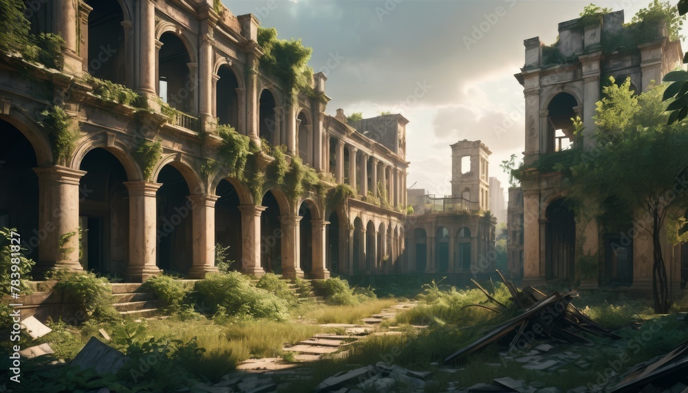 Fototapeta premium Nature reclaims an abandoned, overgrown historical building with arches and columns, hinting at its past grandeur.. AI Generation. AI Generation