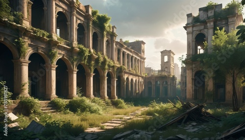 Nature reclaims an abandoned, overgrown historical building with arches and columns, hinting at its past grandeur.. AI Generation. AI Generation
