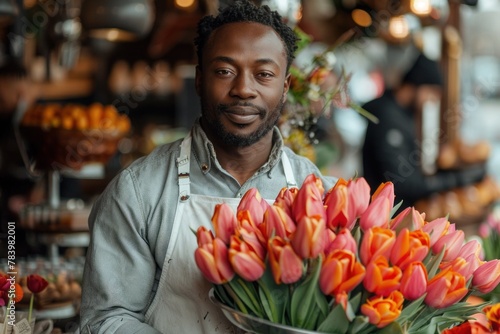 A man is standing in front of a counter, holding a bowl filled with beautiful flowers in various colors.