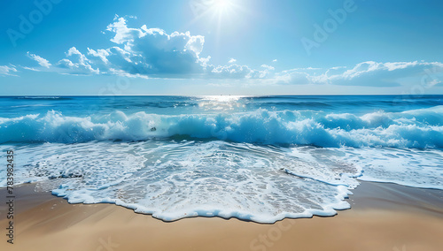  blue sea with waves crashing onto the sandy beach
 photo