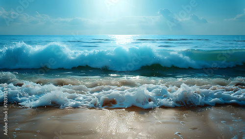  blue sea with waves crashing onto the sandy beach
 photo