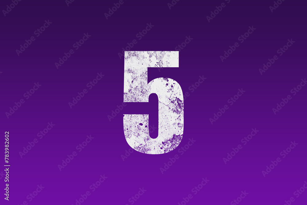flat white grunge number of 5 on purple background.