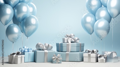 Blue Birthday background with realistic balloons and gift boxes. 3d banner for greeting.