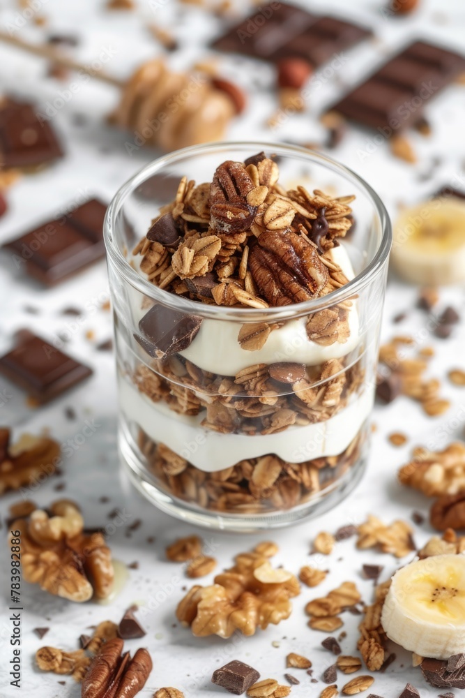 A glass of yogurt topped with granola and nuts A glass of yogurt topped with granola and nuts