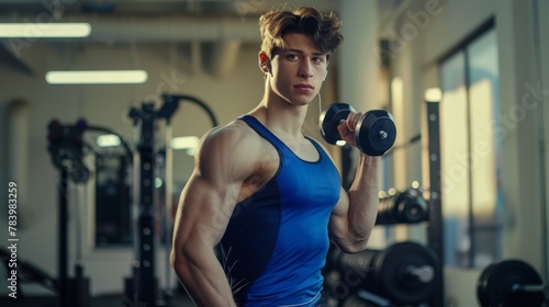 Athletic Man Lifting Weights in Gym