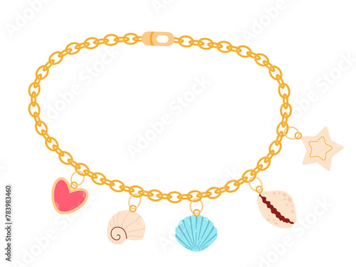  Golden trendy bracelet. Jewelry with Shells. Summer jewelry. Kids jewelry set. Cartoon drawing of jewelry for children isolated on white. Fashion, jewelry concept