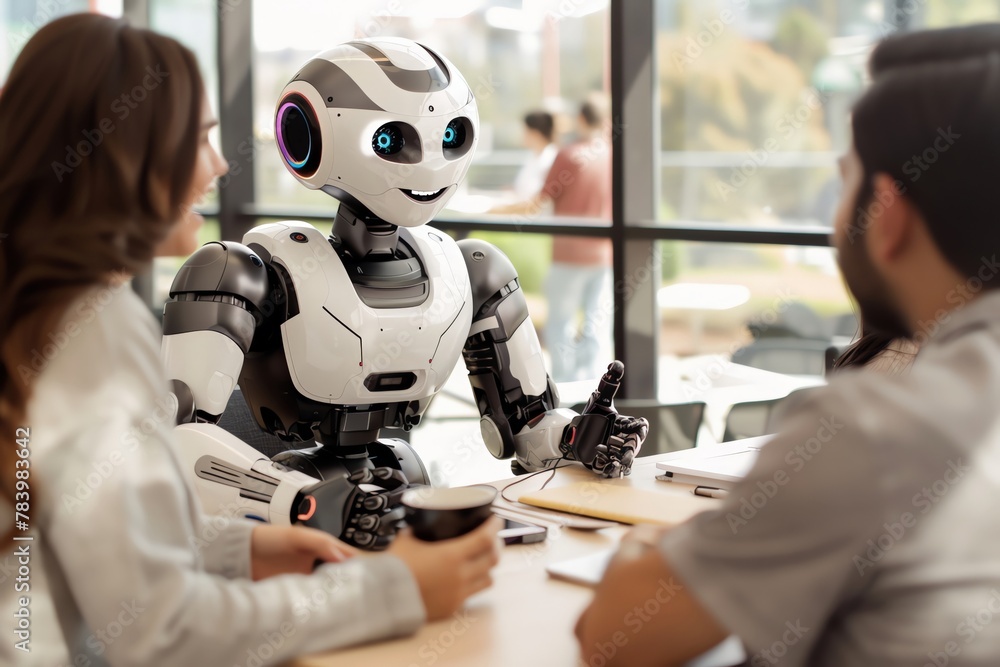 Photo of an AI robot sitting at a table with people in front, they have ...