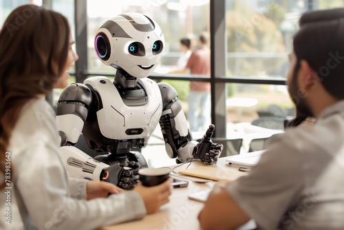 Photo of an AI robot sitting at a table with people in front, they have coffee and talk to each other smiling, in a modern office space background, wide shot, high resolution photography, natural ligh photo