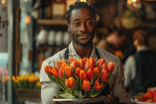 A man standing holding a plate filled with vibrant orange tulips in a bright setting. #783983877