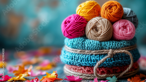 Balls of multi-colored yarn folded in a pile. Handicraft, knitting concept © Evgeniya