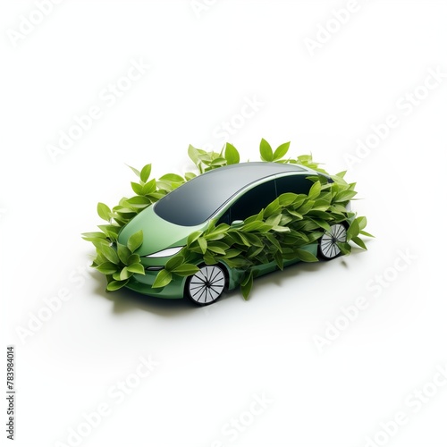 3d car in green leaves. Electric car isolated on white. Eco clean Energy, Environmental Alternative Energy Concept.