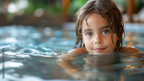 Happy child swimming in the pool at tropical resort