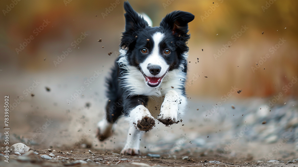 Portrait of a cute black and white border collie puppy running Portrait of a cute black and white border collie puppy running