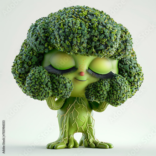 This close-up shot showcases a detailed cute funny broccoli head. Sculpture captures the unique texture and shape of broccoli crown, highlighting its florets and stalk. 