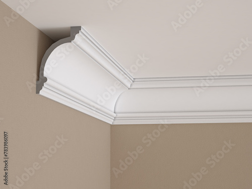 Part of the interior with a white ceiling cornice and beige wallpaper. 3D Render. photo