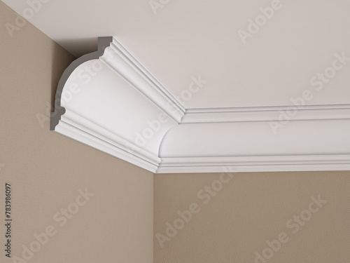 Tableau sur toile Part of the interior with a white ceiling cornice and beige wallpaper