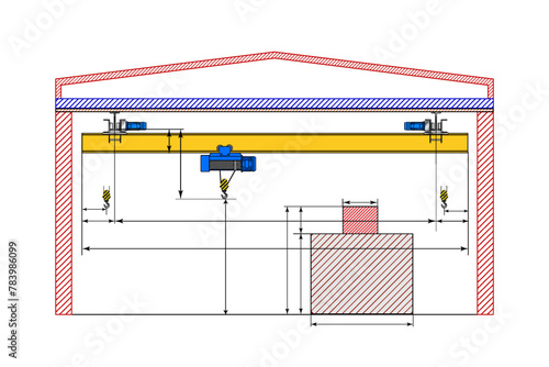 Overhead crane sketch with dimensions. Dimensional drawing.