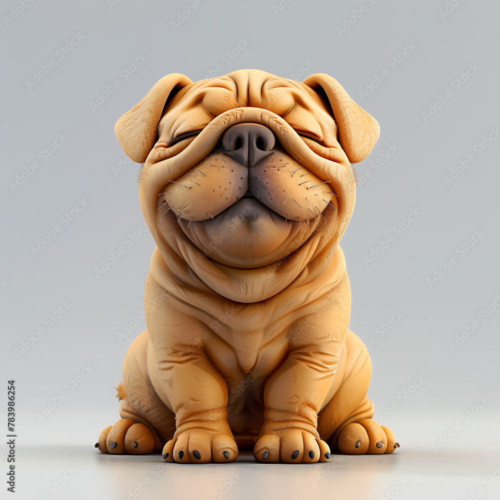 Chinese Shar Pei funny cute dog 3d illustration on white, unusual avatar, cheerful pet