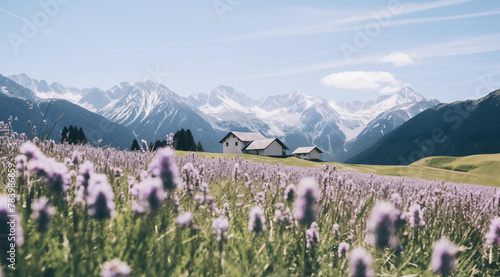 Summer landscape of a flower meadow with mountains in the background.