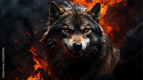 Furious A wolf howling among a sea of flames. fierce wolf. Black with a wolf and fire. Head of a wolf. wild creature. Animal danger. © UZAIR