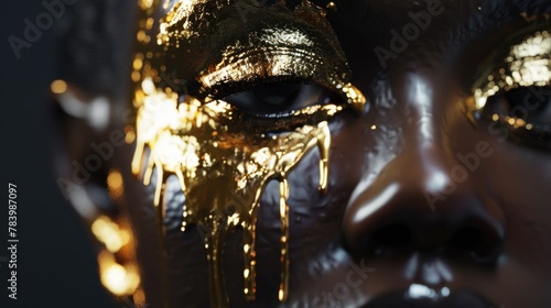 Close up of a persons face with gold paint