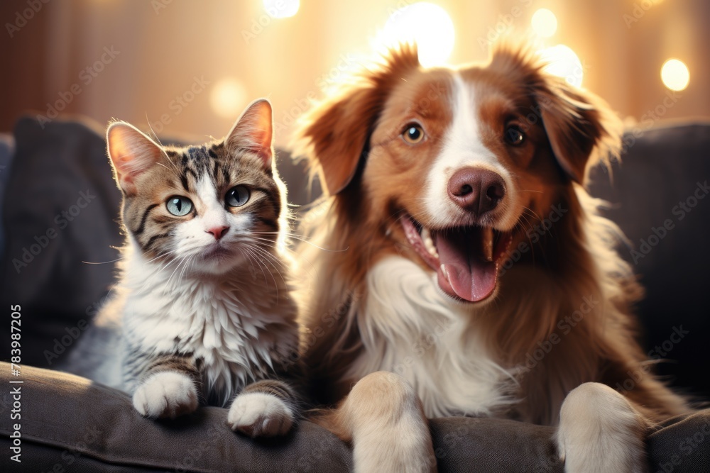 A dog and a cat laying on a couch A dog and a cat laying on a couch