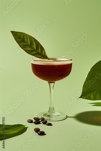 An Artful Coffee Cocktail in a Stemmed Glass, Garnished With a Green Leaf, Stands on a Soft Pastel Green Background Scattered With Roasted Coffee Beans