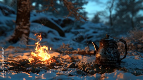 A kettle sitting on snow next to a fire, perfect for winter scenes
