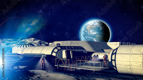 Lunar base, spatial outpost. First settlement on the moon. Space missions. Living modules for the conquest of space. 3d rendering. The earth seen from the moon
