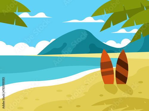 Beach with palm trees. Surfboards stuck in the sand on the beach