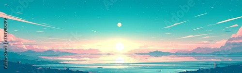 Vector illustration of a sunset over the sea, in the style of vector art, flat design, colorful, with pastel colors of pink and orange