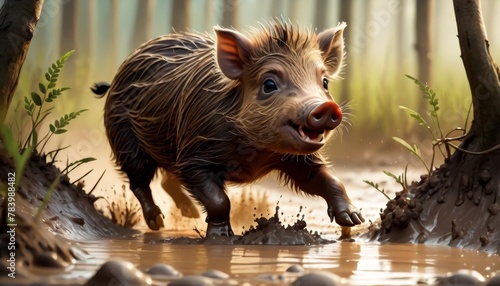 A spirited baby boar trots through a muddy forest, its hooves kicking up splashes, amidst sunlit trees and shrubs. AI Generation
