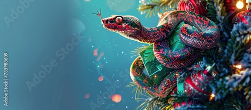 A colorful snake is entwined around a festively decorated Christmas tree branch photo