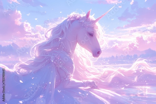 white unicorn in pink fluffy clouds, pastel colors