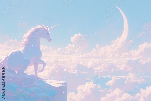 white unicorn in pink fluffy clouds  pastel colors